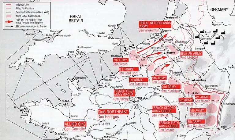 Plan 'D' outlining the movements to be made by the Allied armies into Belgium in response to a German attack.