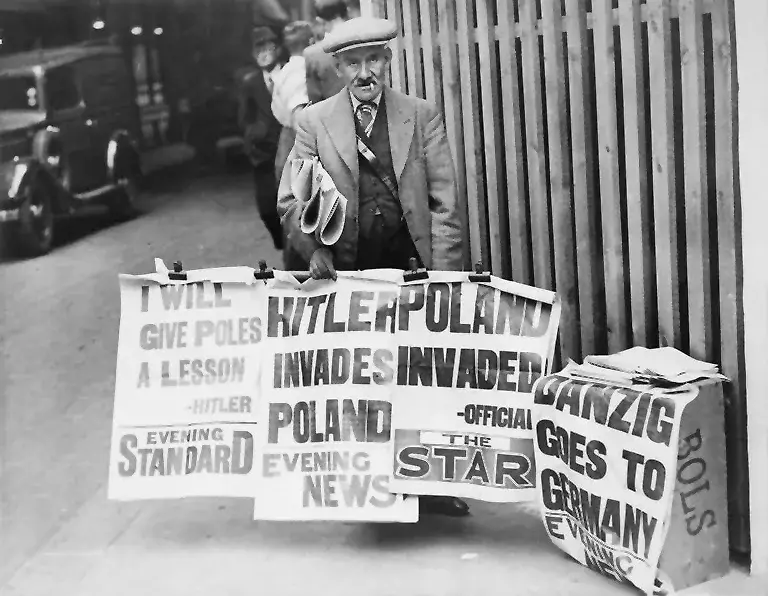 British newspapers on the 1st September displaying the news that Germany has invaded Poland.