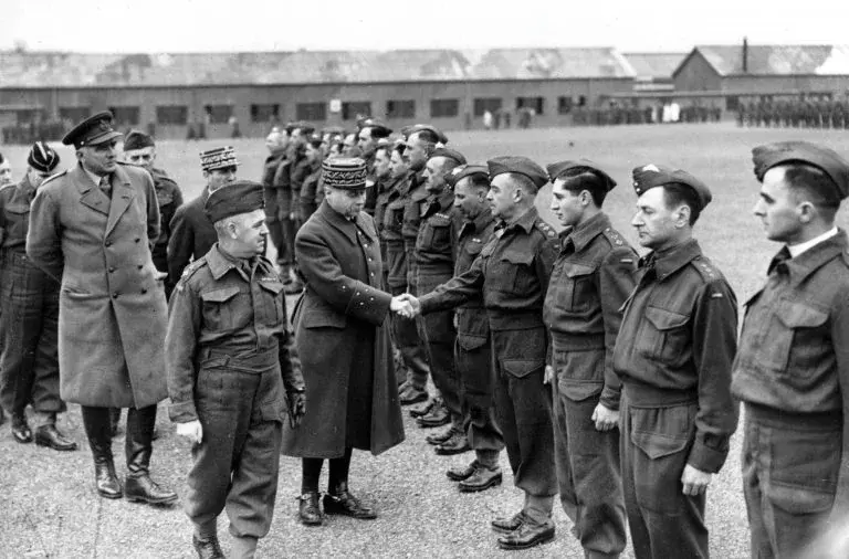 Inspection of British troops at a training camp in England by French General Maurice Gamelin during the spring of 1940.