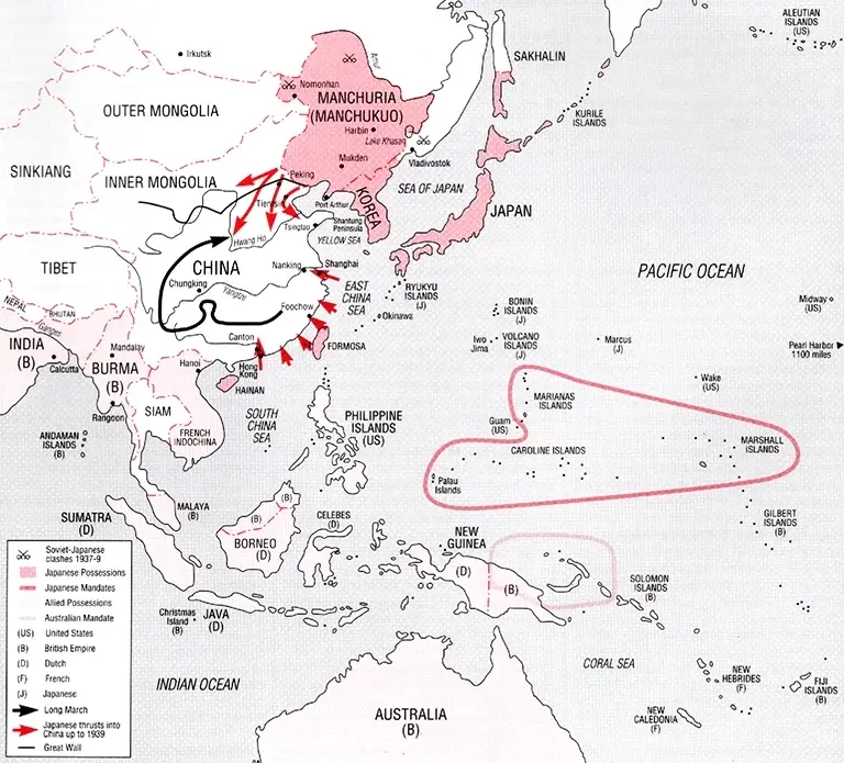 Japanese aggression against China and the Soviet Union in the late 1930's foreshadowing their ambitions across the wider the pacific.