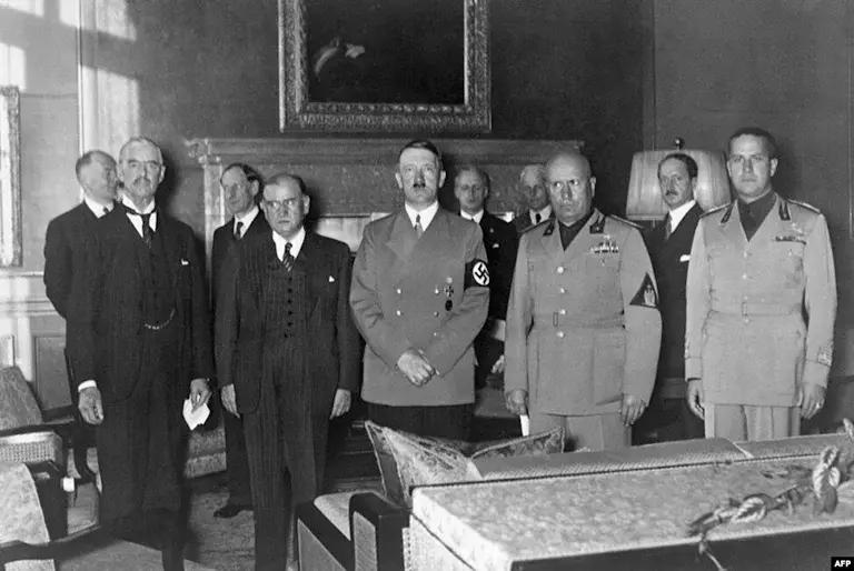 The leaders of Great Britain, France Germany and Italy following the signing of the 'Munich Agreement' which allowed Germany to annex the Sudetenland border area of Czechoslovakia in an attempt to prevent a war in Europe.